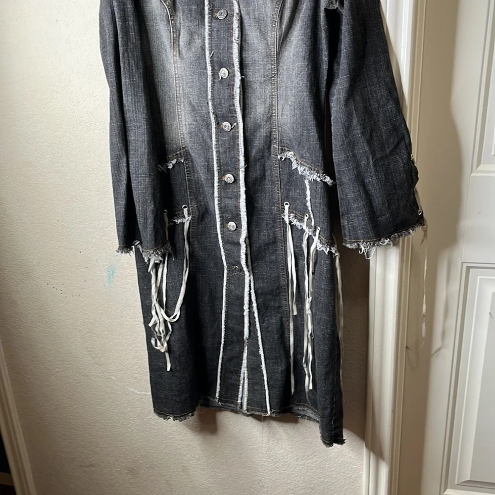 Connection 18 Distressed Black Denim Duster with White Fringe - Picture 4 of 5